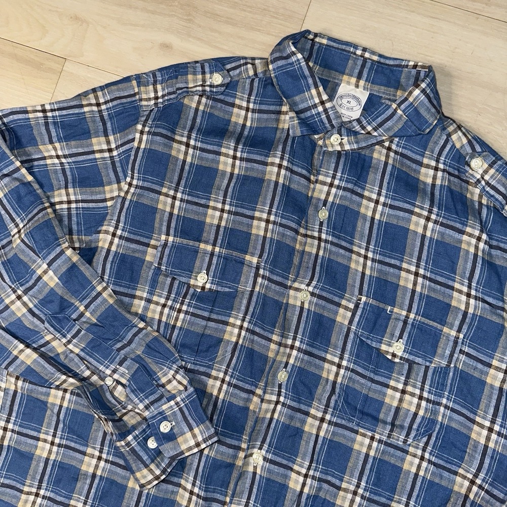 Brooks Brothers Mens X-Large Irish Linen Button Up Shirt‎ Utility Safari Plaid